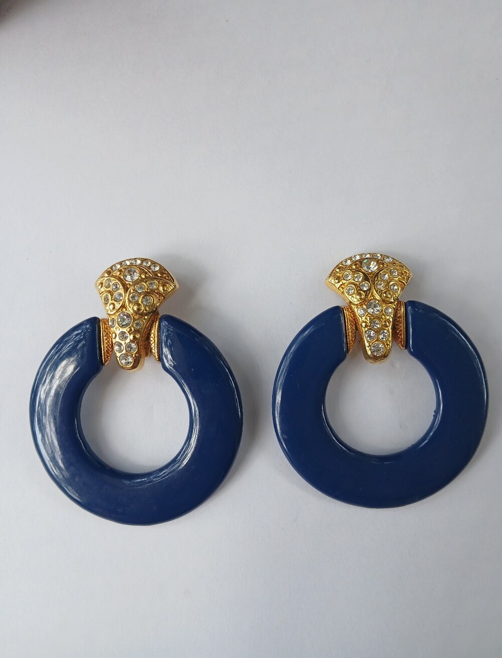 Huge Vintage Gold Tone Crystal Navy Hoop Doorknocker Clip On Earrings